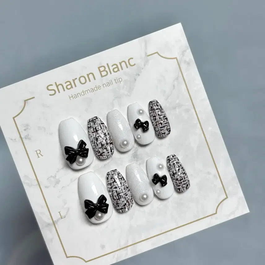 [BUNJANG] Sharon Blanc White Glitter Nail Tip Set / 화이트 트위드 글리터 네일팁 / 14종 쉐입