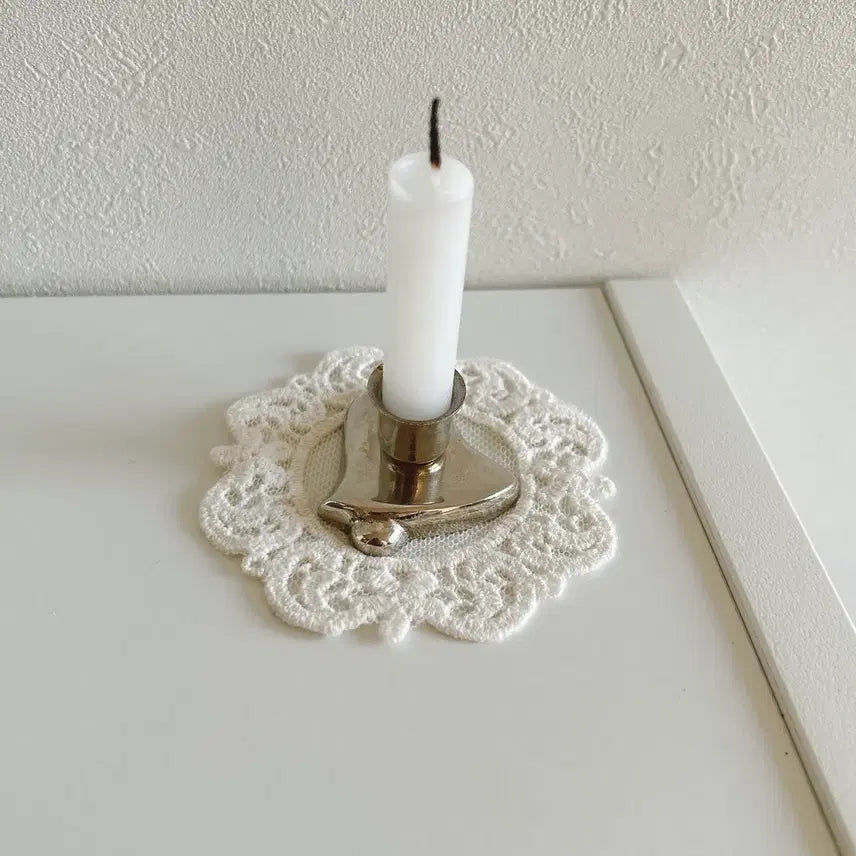 [BUNJANG] Antique French Silverplate Bell-Shaped Candle Holder Set with Vintage Candle &amp; Lace / [3종세트] 앤틱 프랑스 실버플레이트 종모양 캔들홀더+빈티지 캔들+레이스