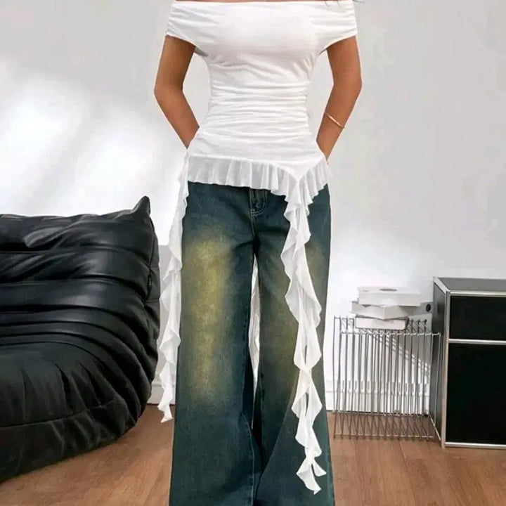[BUNJANG] White Off-Shoulder Ruffle Shirring Blouse Top L / 화이트 오프숄더 프릴 셔링 블라우스 탑 L