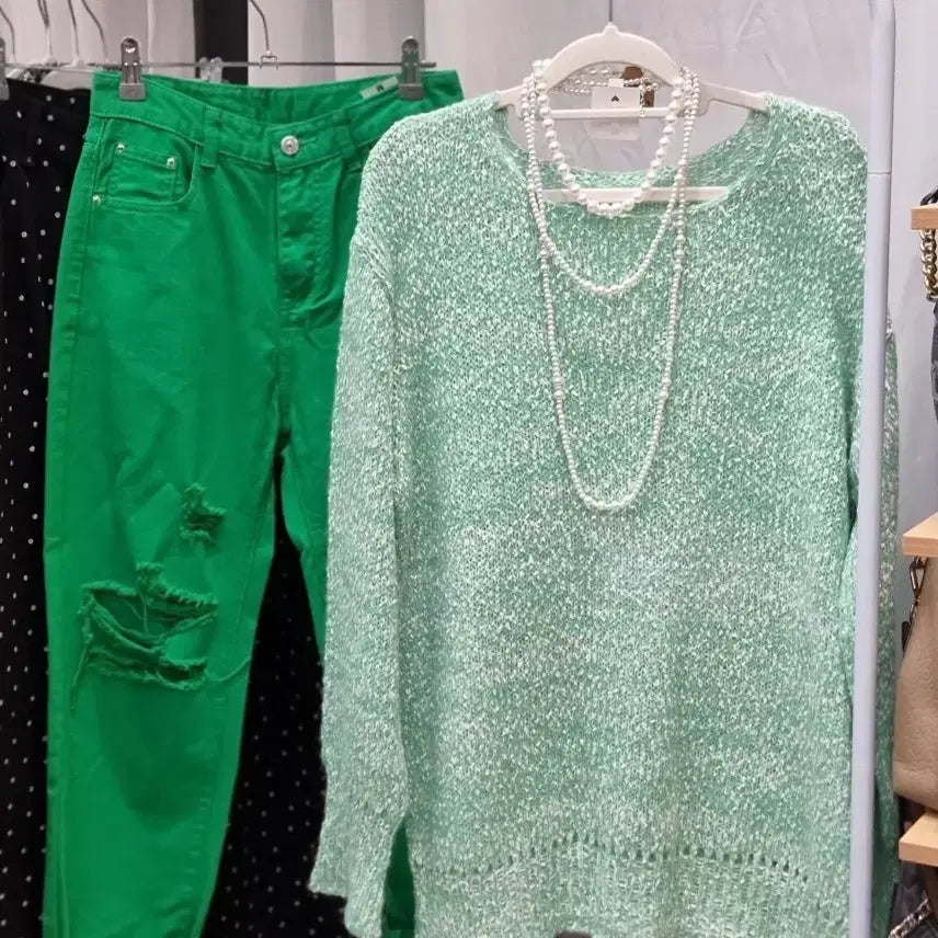 [BUNJANG] Green Damage Jeans + Mint Knit Set / 새상품 그린 데미지 청바지 + 민트 니트 세트