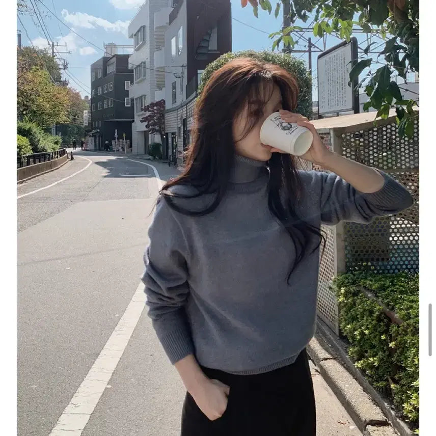 [BUNJANG] Slow and Do-ttom Washable Turtleneck Knit - Blue Gray / [슬로우앤드] 도톰 워셔블 터틀넥니트 - 블루그레이