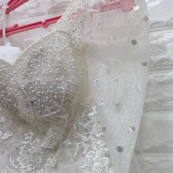 [BUNJANG] Wedding Dress with Pearl and Sequin Embellishments / 03 진주 스팽클  꼬리 웨딩드레스+면사포 본식용 여44 키165-175