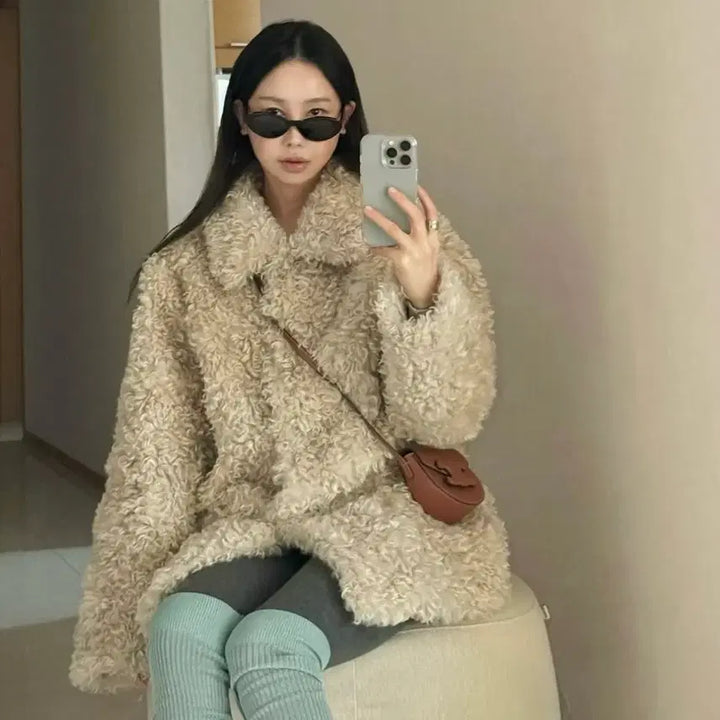 [BUNJANG] The Porta Beige Faux Fur Collar Jacket / 더포르타 퍼자켓 베이지 FAUX FUR COLLAR JACKET