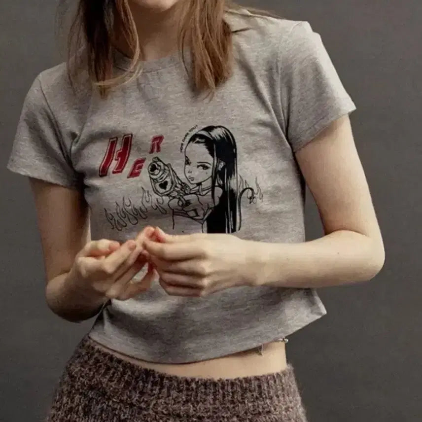 [BUNJANG] 3 Times Her Devil Tee Crop Version Gray M / 쓰리타임즈 her 헐 데빌티 크롭버전 그레이 m