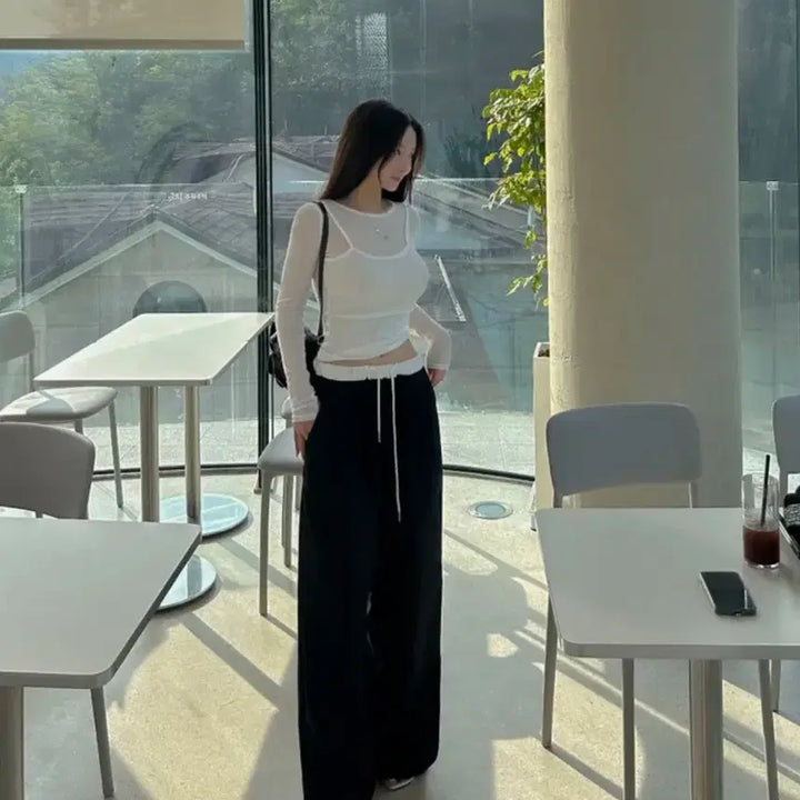 [BUNJANG] Black Wide Slacks Pants / 배색 밴딩 와이드 슬랙스 팬츠 블랙