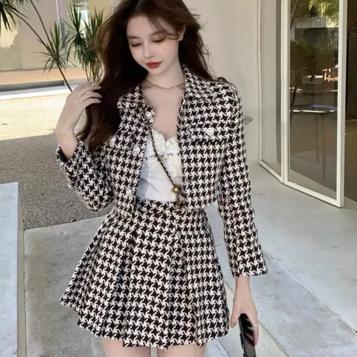 [BUNJANG] Tweed Two-Piece Set Checkered Winter Set Up Jacket Pleated Skirt / 새상품 트위드 투피스 세트 체크 겨울 셋업 자켓 플리츠 치마 스커트
