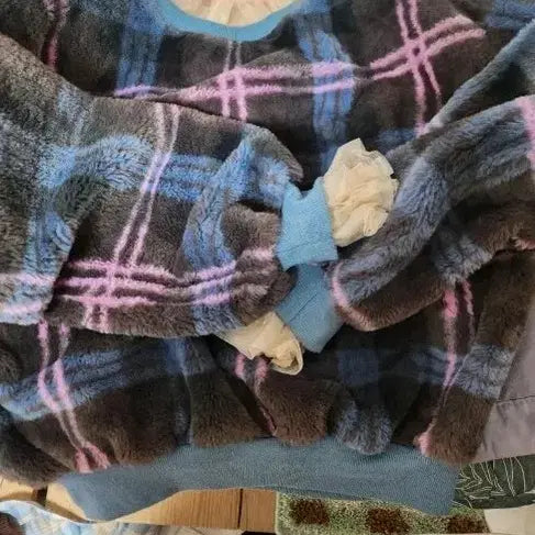 [BUNJANG] Check Pattern Fur Sweatshirt / 체크 패턴 퍼 맨투맨 티셔츠