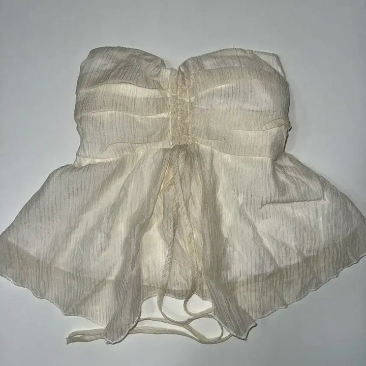 [BUNJANG] Ably Ivory Shirred Tube Top and Cardigan Set / 에이블리 아이보리 셔링 튜브 탑 블라우스 가디건 세트 일괄