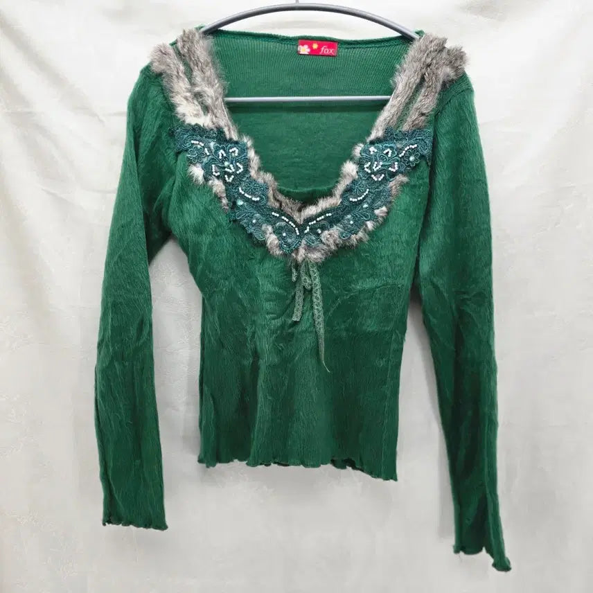 [BUNJANG] Fox Green Fur Trimmed Long Sleeve Knit Top / fox 그린 퍼 장식 긴팔 니트 Y2K 일본빈티지[B20319]