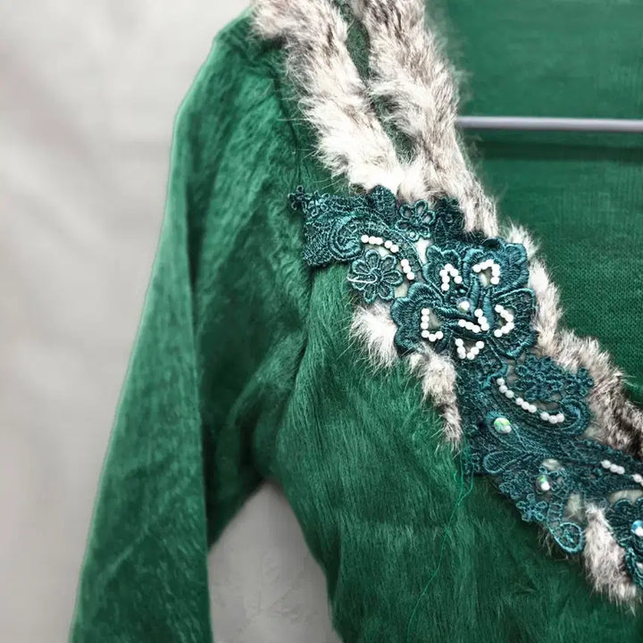 [BUNJANG] Fox Green Fur Trimmed Long Sleeve Knit Top / fox 그린 퍼 장식 긴팔 니트 Y2K 일본빈티지[B20319]