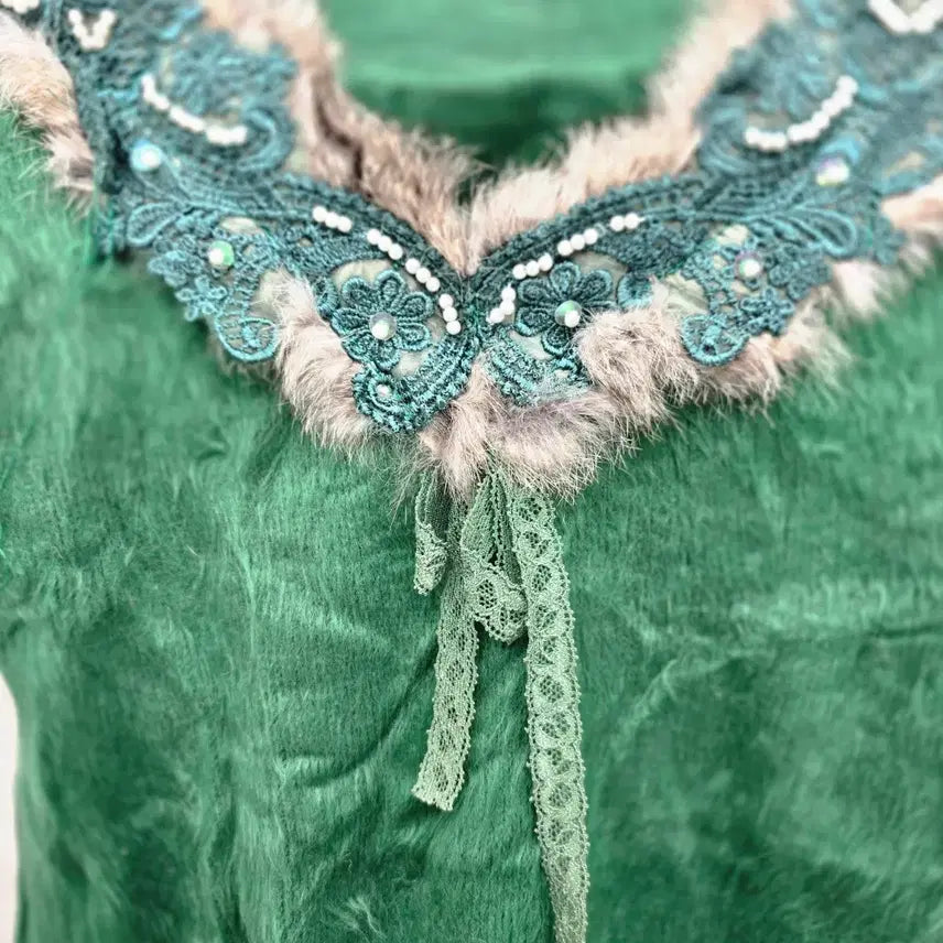 [BUNJANG] Fox Green Fur Trimmed Long Sleeve Knit Top / fox 그린 퍼 장식 긴팔 니트 Y2K 일본빈티지[B20319]