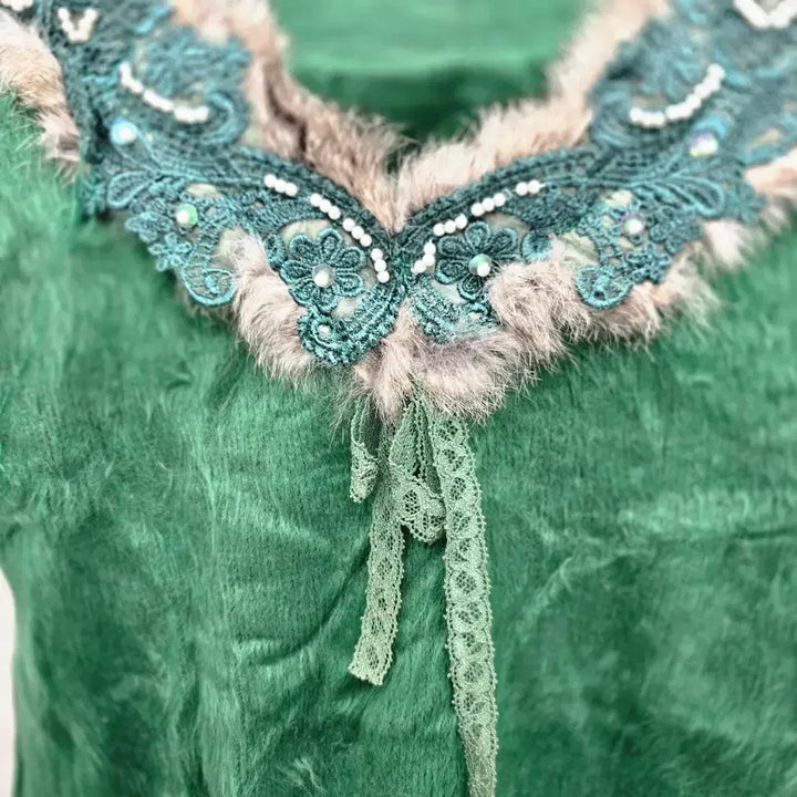 [BUNJANG] Fox Green Fur Trimmed Long Sleeve Knit Top / fox 그린 퍼 장식 긴팔 니트 Y2K 일본빈티지[B20319]