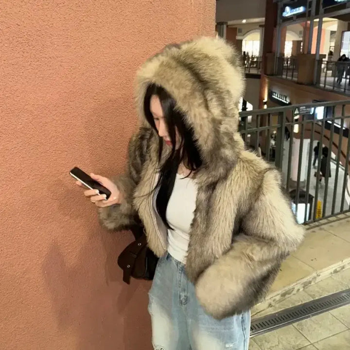 [BUNJANG] Fake Fur Hooded Short Jacket / 페이크퍼 후드 숏 자켓