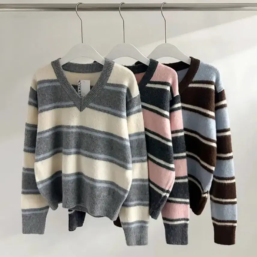 [BUNJANG] Striped Knit Sweater - Gray & Brown / 단가라 니트 -브라운