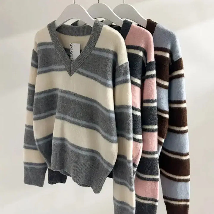 [BUNJANG] Striped Knit Sweater - Gray & Brown / 단가라 니트 -브라운