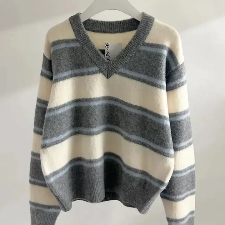 [BUNJANG] Striped Knit Sweater - Gray & Brown / 단가라 니트 -브라운