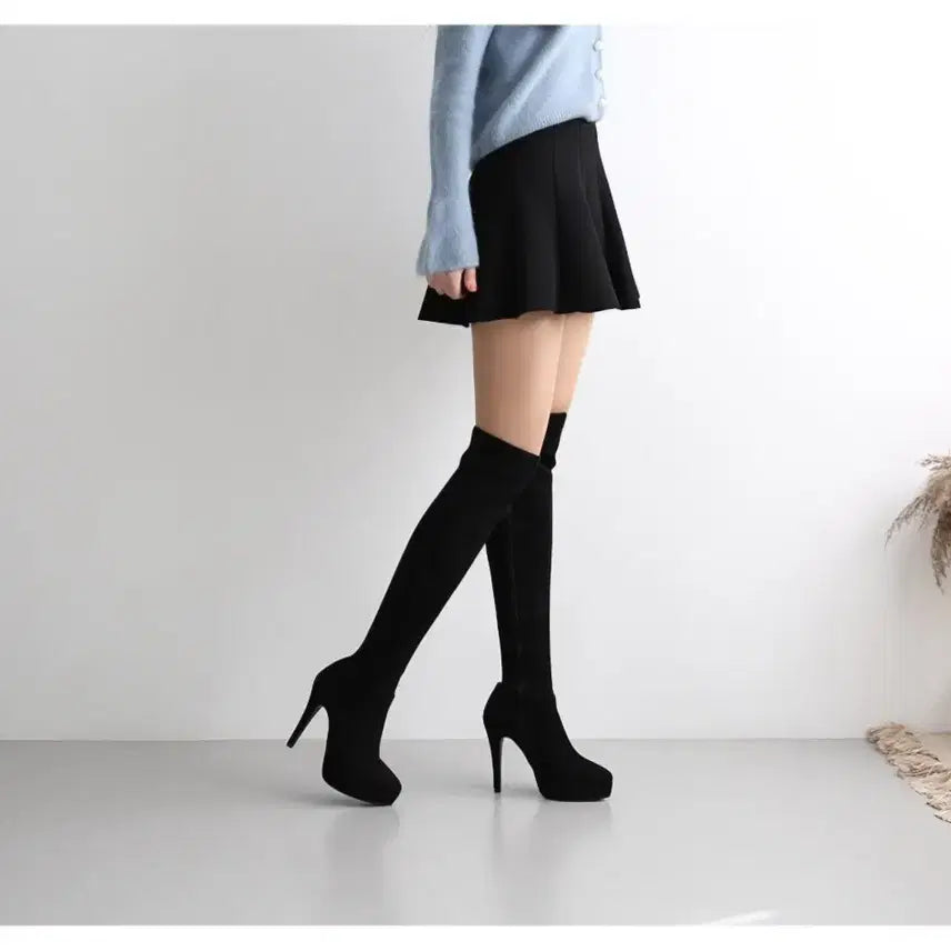 [BUNJANG] Black Suede Knee-High Boots / 블랙 스웨이드 롱 부츠 힐