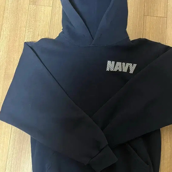 [BUNJANG] Navy Printing Fleece Lined Hoodie / 네이비 기모 후드티 NAVY 프린팅