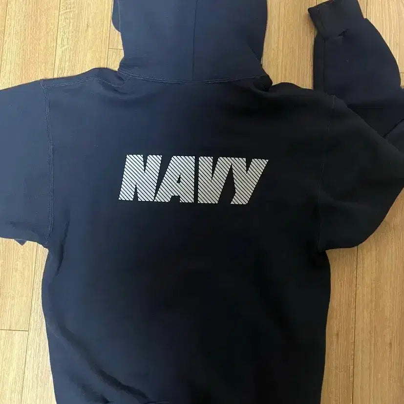 [BUNJANG] Navy Printing Fleece Lined Hoodie / 네이비 기모 후드티 NAVY 프린팅