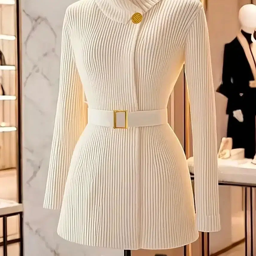 [BUNJANG] White Ribbed Knit Belted Coat (Size 66) / 화이트 골지 니트 벨트 코트 66사이즈