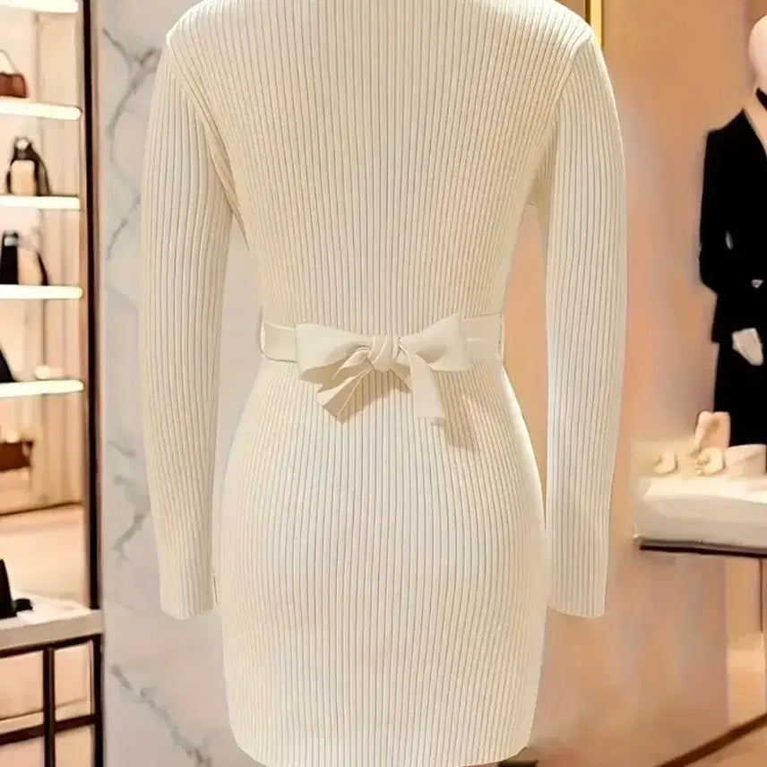 [BUNJANG] White Ribbed Knit Belted Coat (Size 66) / 화이트 골지 니트 벨트 코트 66사이즈