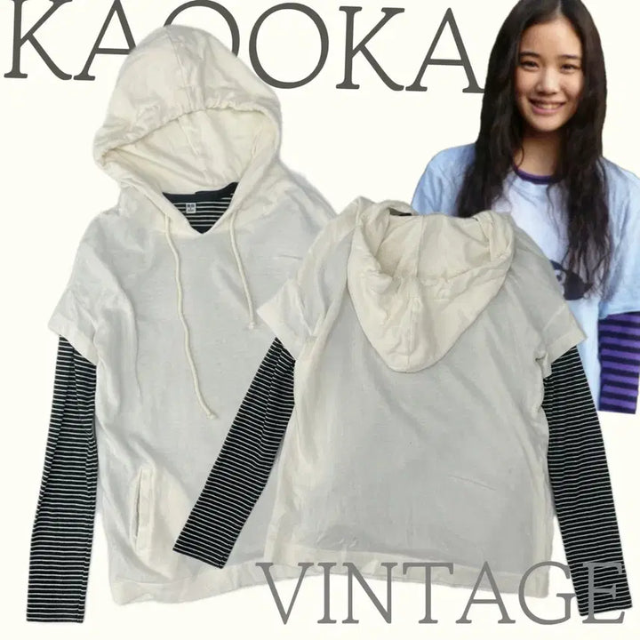 [BUNJANG] Y2K Layered Stripe Hoodie Set / 일본빈티지 키치 Y2K 괴짜 레이어드 스트라이프 후드티 상의코디세트