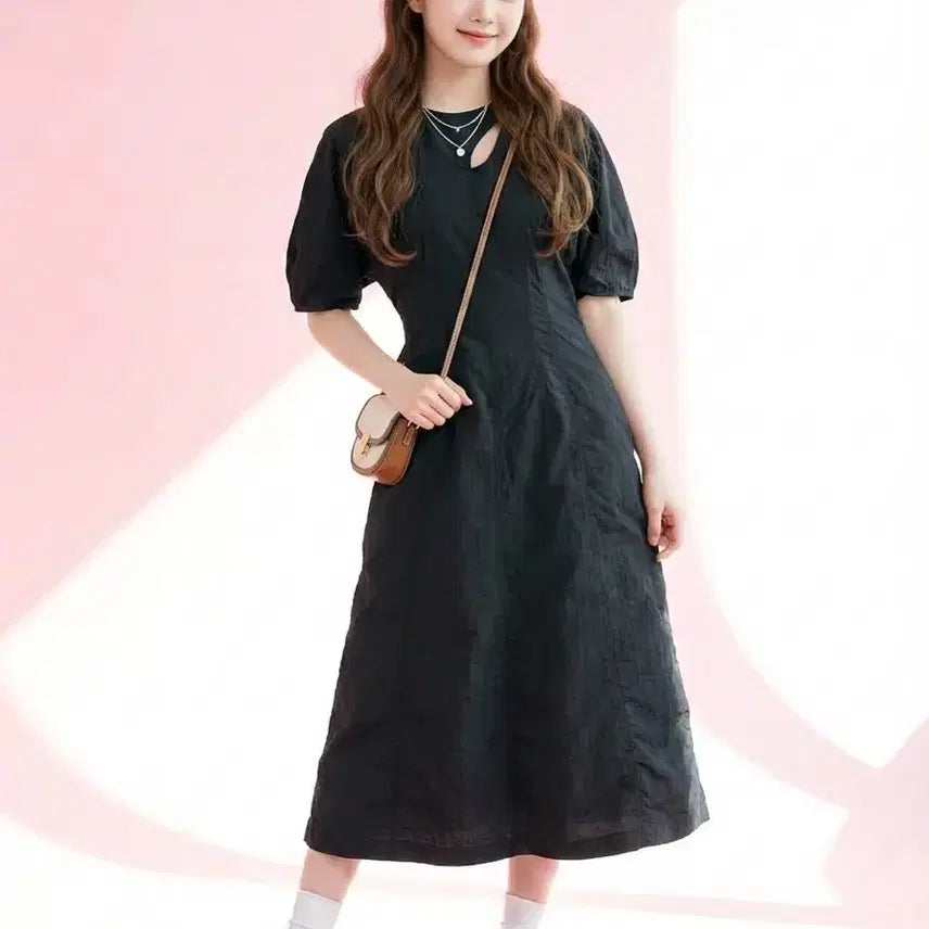 [BUNJANG] HAE BY HAEKIM Cutout Puff Sleeve Dress Black / HAE BY HAEKIM 해바이해킴 언밸런스 컷아웃 퍼프 원피스 블랙