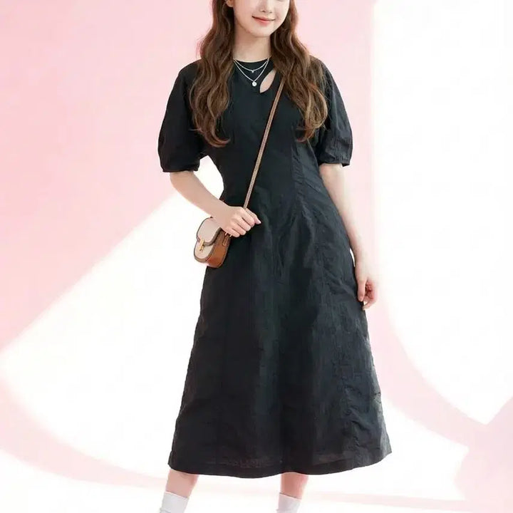 [BUNJANG] HAE BY HAEKIM Cutout Puff Sleeve Dress Black / HAE BY HAEKIM 해바이해킴 언밸런스 컷아웃 퍼프 원피스 블랙