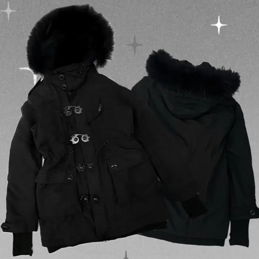 [BUNJANG] SLY Black Padded Outerwear / 일본빈티지 SLY 슬레이 블랙코디 버클포인트 패딩 퍼 후드 야상 아우터
