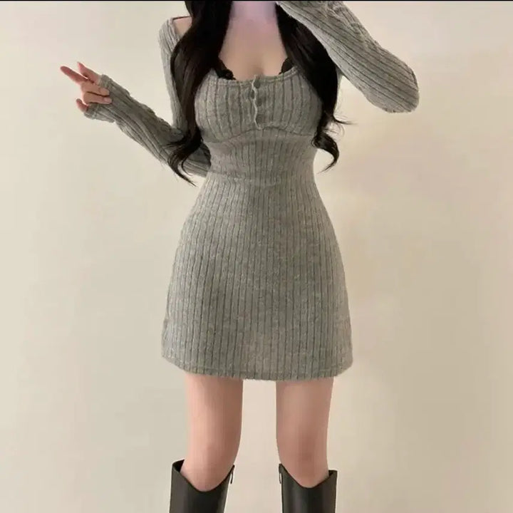 [BUNJANG] Colorblock Lace Layered Dress Slim Fit / 배색 레이스 레이어드 원피스 슬림핏 데이트룩