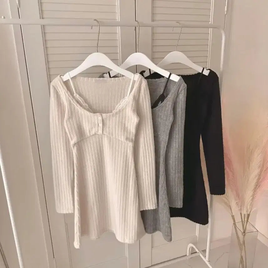 [BUNJANG] Colorblock Lace Layered Dress Slim Fit / 배색 레이스 레이어드 원피스 슬림핏 데이트룩