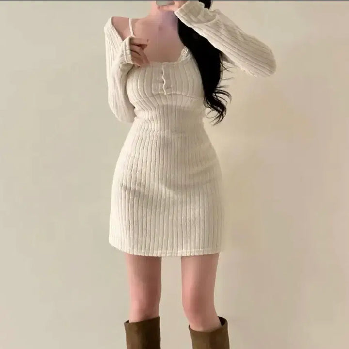[BUNJANG] Colorblock Lace Layered Dress Slim Fit / 배색 레이스 레이어드 원피스 슬림핏 데이트룩