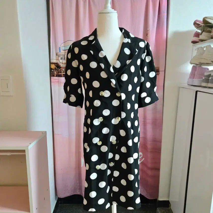 [BUNJANG] Dot Chiffon Collar Dress (Black) / 도트 쉬폰 카라 원피스(블랙)