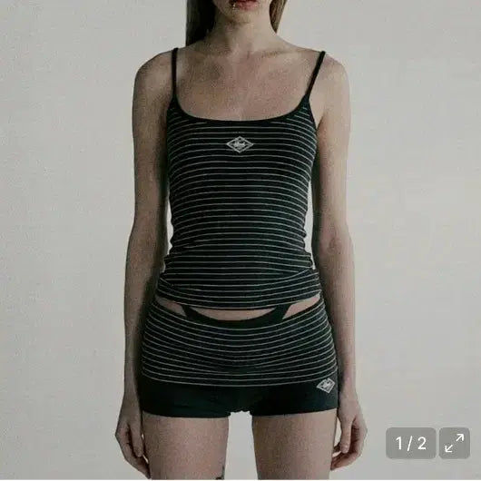 [BUNJANG] Badblood Beyond Soft Tank and Foldover Pants Set - Striped Charcoal (Size S) / 배드블러드 비욘드 소프트 탱크, 폴드오버 팬츠 세트 s 스트라이프챠콜