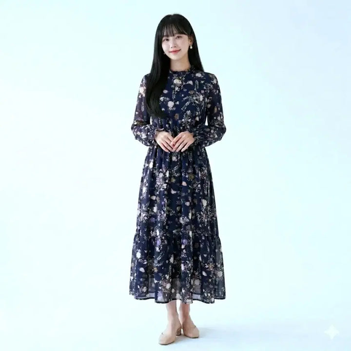 [BUNJANG] Plastic Island Navy Chiffon Floral Print Long Dress / 플라스틱 아일랜드 네이비 쉬폰 원피스