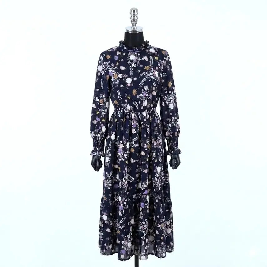 [BUNJANG] Plastic Island Navy Chiffon Floral Print Long Dress / 플라스틱 아일랜드 네이비 쉬폰 원피스