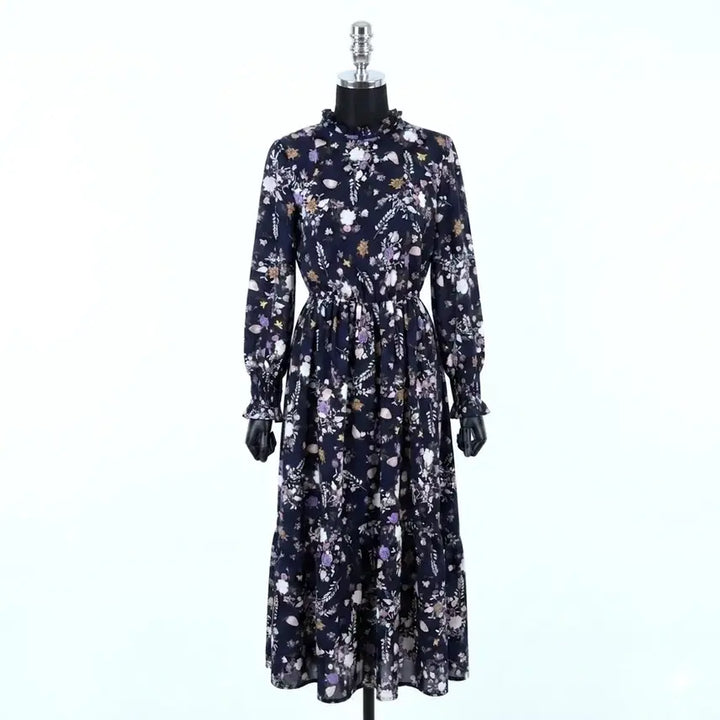 [BUNJANG] Plastic Island Navy Chiffon Floral Print Long Dress / 플라스틱 아일랜드 네이비 쉬폰 원피스