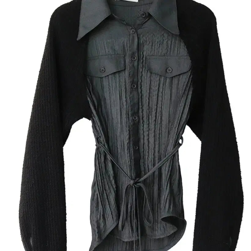 [BUNJANG] CIKWON Tone on Tone Knit Shirt / 시크윈 톤온톤 소매니트 포켓링클셔츠 스트랩 블라우스 먹색(차콜)