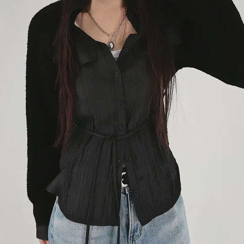 [BUNJANG] CIKWON Tone on Tone Knit Shirt / 시크윈 톤온톤 소매니트 포켓링클셔츠 스트랩 블라우스 먹색(차콜)