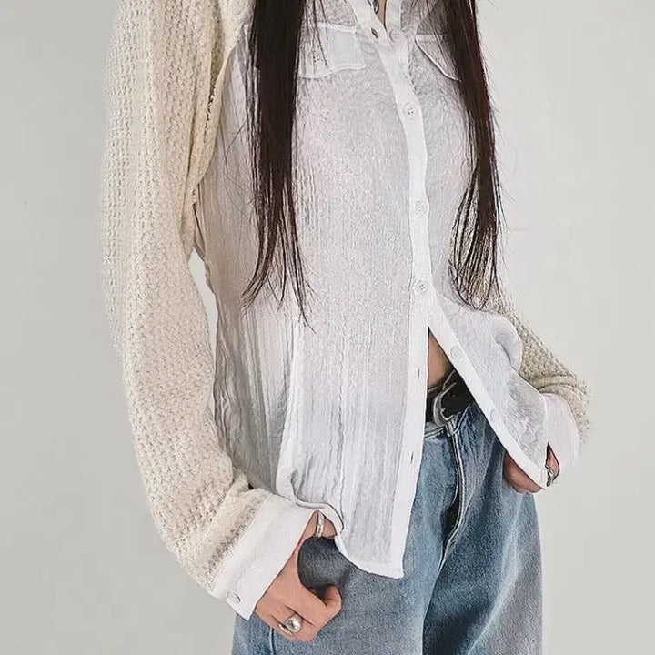 [BUNJANG] CIKWON Tone on Tone Knit Shirt / 시크윈 톤온톤 소매니트 포켓링클셔츠 스트랩 블라우스 먹색(차콜)