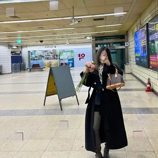 [BUNJANG] Black Wool Blend Long Coat with Belt Detail / 5/26까지 블랙 롱 코트