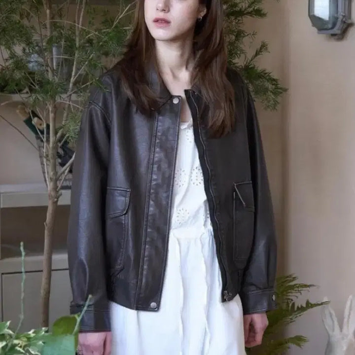 [BUNJANG] Basil In Bottle Brown Leather Jacket / 바질인보틀 보세 레더자켓 브라운