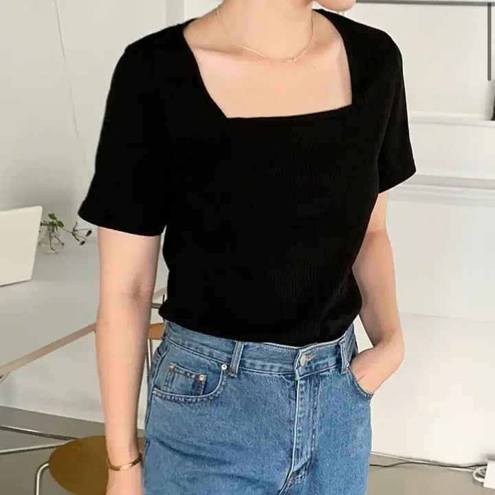 [BUNJANG] Noted Studio Black Square Knit Top / 노티드스튜디오 블랙스퀘어 니트 반팔