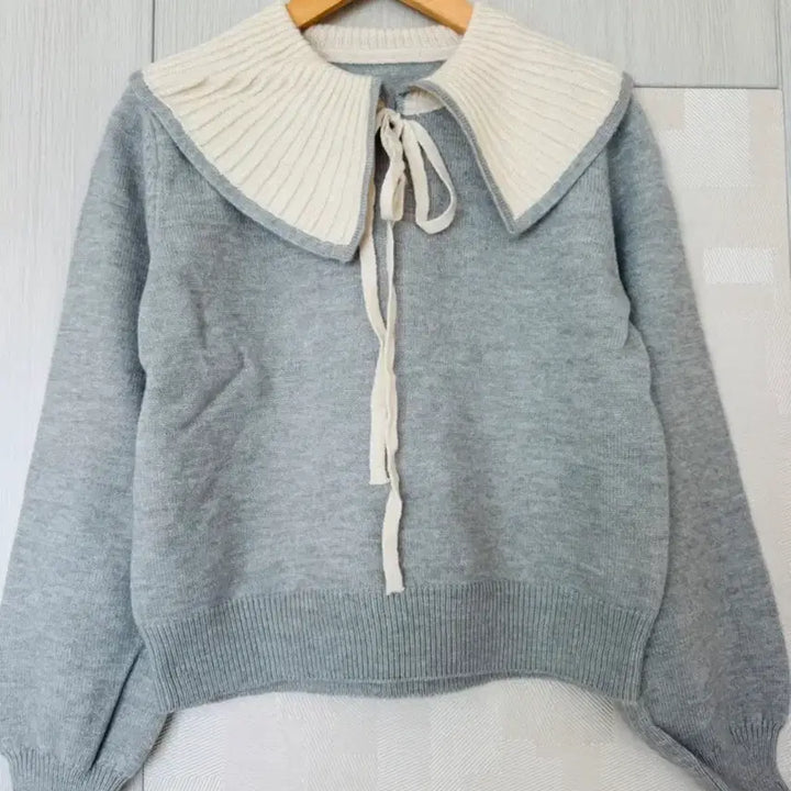[BUNJANG] Gray Collar Crop Knit Sweater / 회색 카라 크롭 니트 스웨터