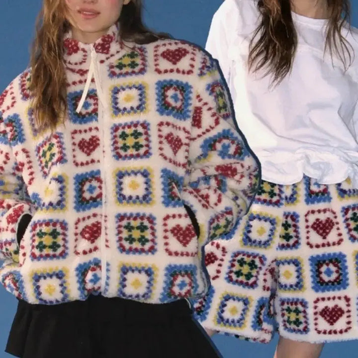 [BUNJANG] Lonron Heart Crochet Pattern Fleece Jacket Pants Set-up / (택O) 론론 하트 크로셰 패턴 플리스 자켓 팬츠 셋업