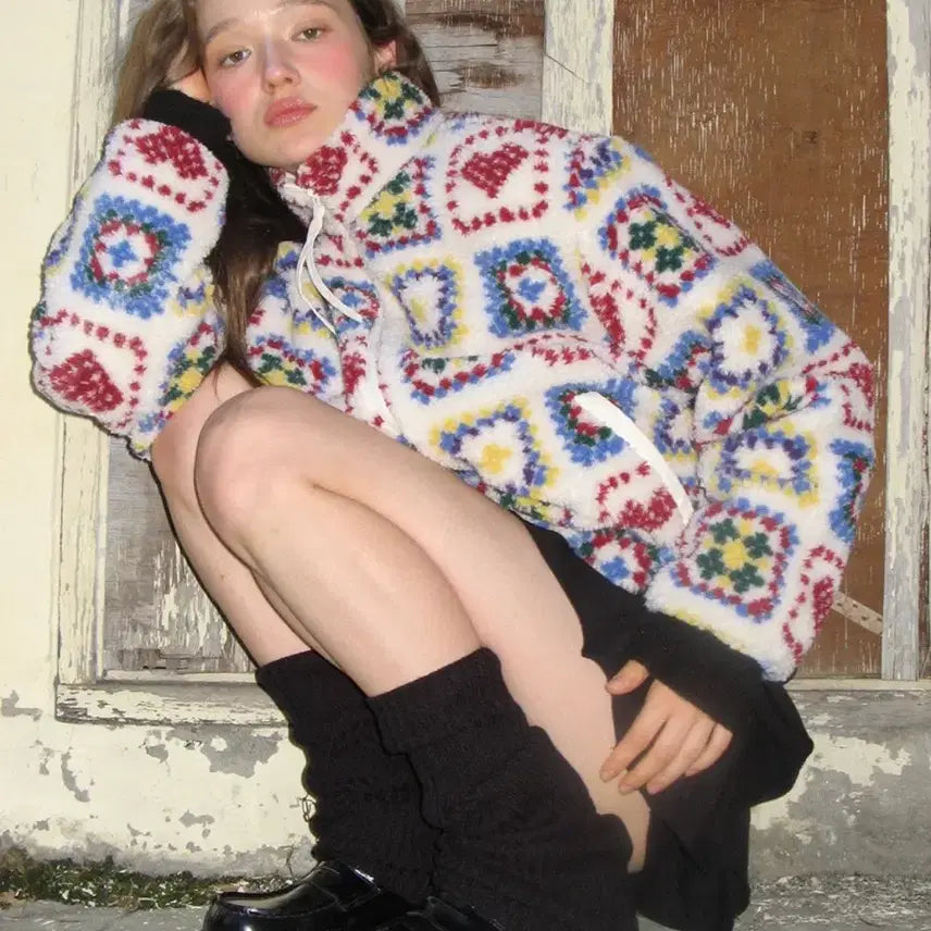 [BUNJANG] Ronn Ronn Crochet Fleece Jacket & Pants Set / (택O) 론론 하트 크로셰 패턴 플리스 자켓 팬츠 셋업