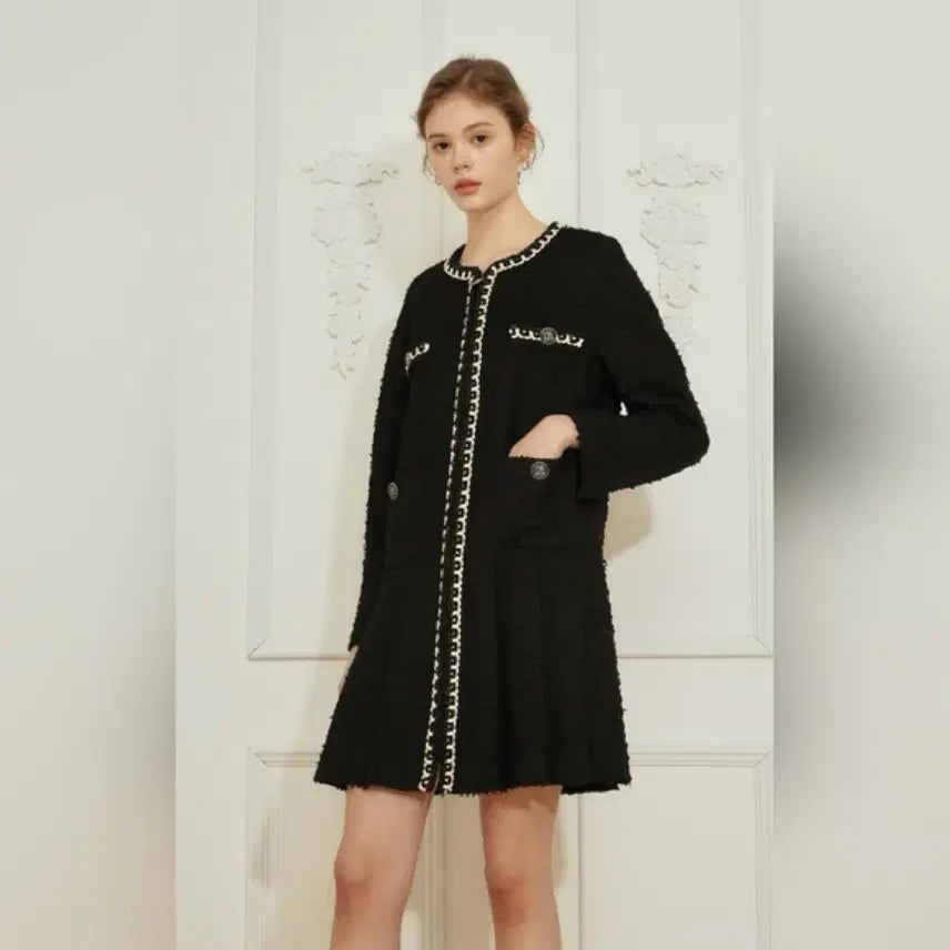 [BUNJANG] Ozcece 22 Pleated Block Tweed Dress / 한섬 오즈세컨 22 플리츠 블록 트위드 원피스 (55)