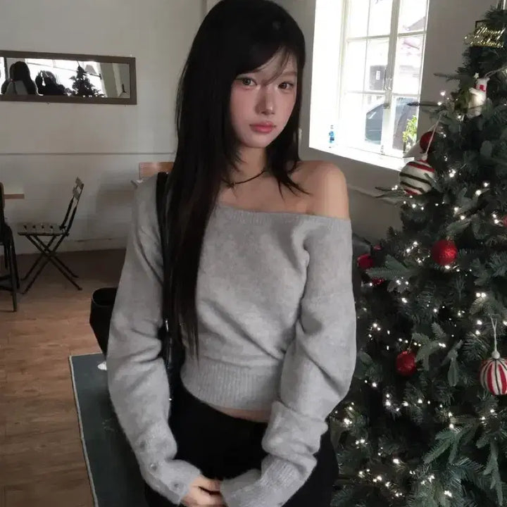 [BUNJANG] Modimood One Shoulder Gray Knit Top / 에이블리 모디무드 원 오프숄더 그레이 니트