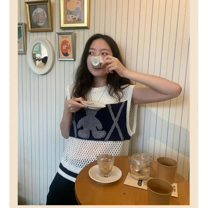 [BUNJANG] Noicocommon Bear Net Knit Vest S / [노이커먼] 베어 네트 니트 베스트 S