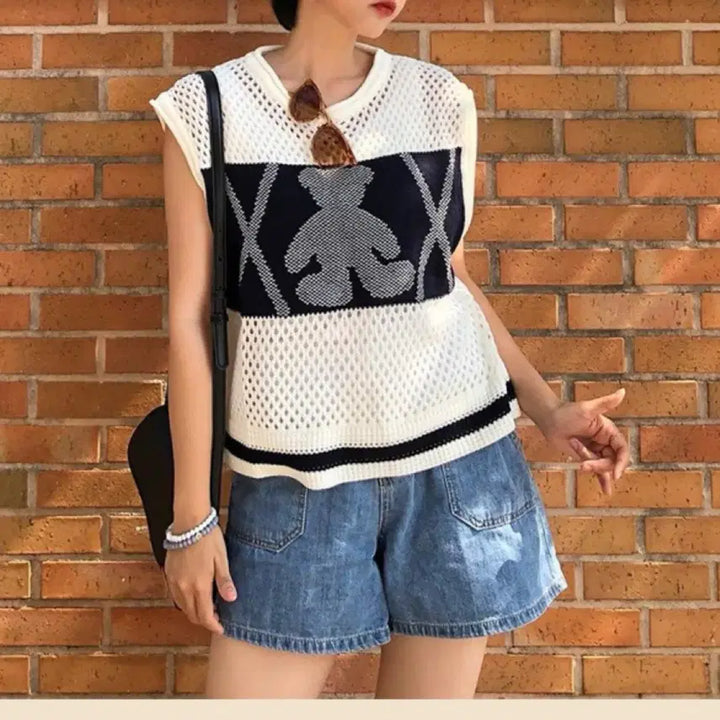 [BUNJANG] Noicocommon Bear Net Knit Vest S / [노이커먼] 베어 네트 니트 베스트 S